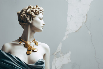Statue with jewelry, bust of woman wearing golden necklace. Sculpture with luxury jewelry. Timeless, eternal beauty and style concept. Gypsum stone woman Greek statue with golden chain, copy space. - obrazy, fototapety, plakaty