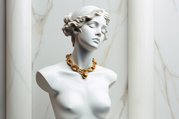 Statue with jewelry, bust of woman wearing golden necklace. Sculpture with luxury jewelry. Timeless, eternal beauty and style concept. Gypsum stone woman Greek statue with golden chain, copy space.