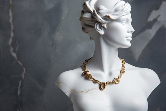 Statue with jewelry, bust of woman wearing golden necklace. Sculpture with luxury jewelry. Timeless, eternal beauty and style concept. Gypsum stone woman Greek statue with golden chain, copy space.