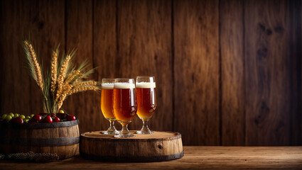 glasses with beer on a wooden background, ears of corn