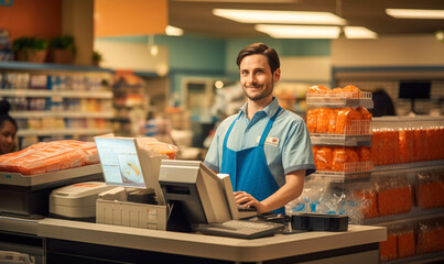 A charming cashier is stationed at the cash register in the supermarket.