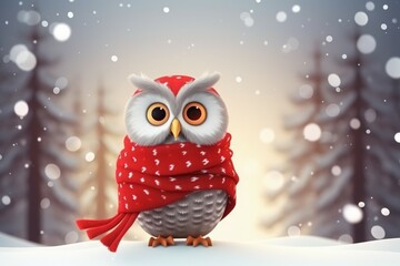 White owl with red holiday Christmas scarf. Wild fowl on snow covered forest landscape. Generate ai
