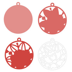 Round Christmas tree decoration with flowers, Layered papercut svg, Holiday Winter ornament for paper and laser cutting