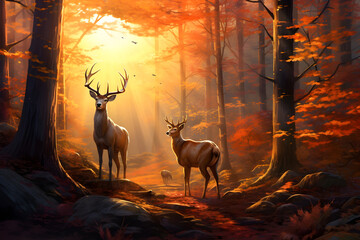 Deer and roe group in autumn forest with trees covered with orange leaves falling down. Sunset in the background. - obrazy, fototapety, plakaty