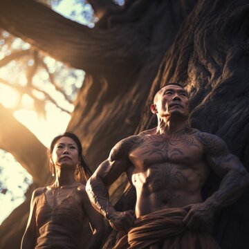 A Very Muscular Chinese Man and His Wife Near an Ancient Pagoda, generative AI