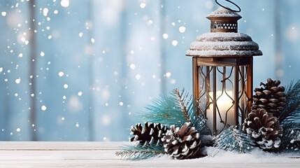Lantern with burning candle, pine cones and spruce and fir branches on wooden board surface covered with snow, abstract background with snowflakes and sparkling light. Horizontal composition.