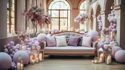 Wedding decor. Luxury interior of the living room with a purple sofa and flowers. 3d render. Generative AI technology.