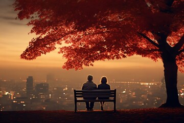 an elderly couple, a man and a woman, are sitting on a bench and enjoying the scenery, beautiful landscape at sunset, rear view - obrazy, fototapety, plakaty