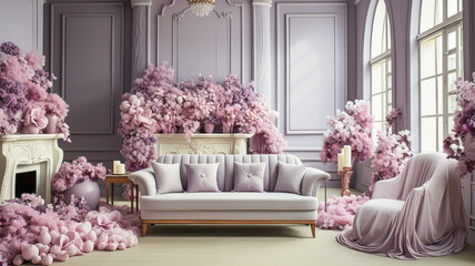 Wedding decor. Luxury interior of the living room with a purple sofa and flowers. 3d render....