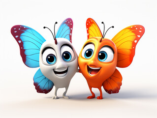 Obraz premium Two 3D Cartoon Butterflies in Love on a Solid Background