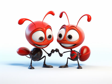 Two 3D Cartoon Ants in Love on a Solid Background
