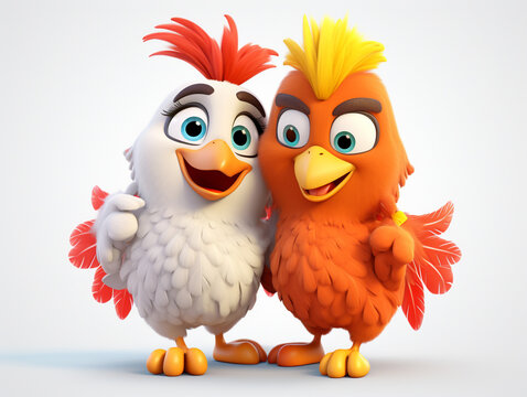 Two 3D Cartoon Chickens in Love on a Solid Background