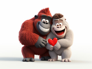 Fototapeta premium Two 3D Cartoon Gorillas in Love on a Solid Background