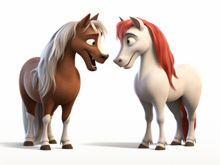 Two 3D Cartoon Horses in Love on a Solid Background