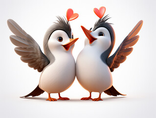 Two 3D Cartoon Hummingbirds in Love on a Solid Background