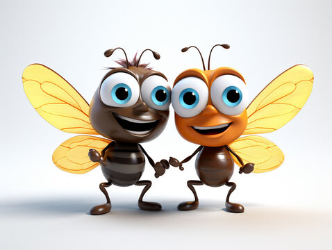 Two 3D Cartoon Flies in Love on a Solid Background