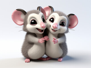 Two 3D Cartoon Opossums in Love on a Solid Background
