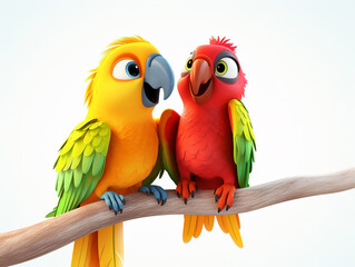 Two 3D Cartoon Parrots in Love on a Solid Background