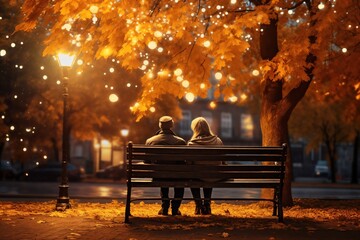 an elderly couple, a man and a woman, are sitting on a bench and enjoying the scenery, beautiful landscape at sunset, rear view - obrazy, fototapety, plakaty