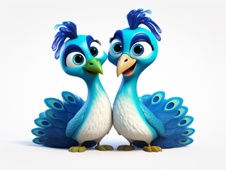 Fototapeta premium Two 3D Cartoon Peacocks in Love on a Solid Background