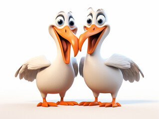 Two 3D Cartoon Pelicans in Love on a Solid Background