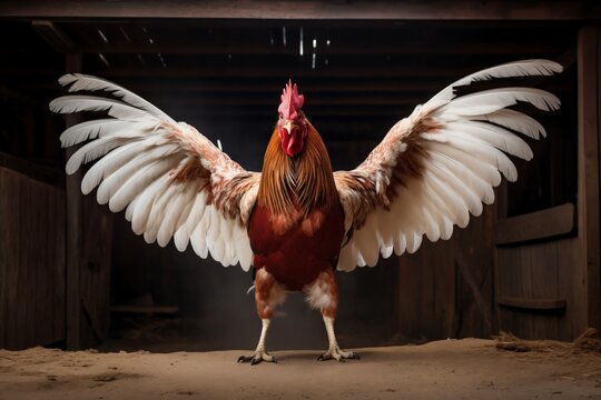 portrait of a rooster standing in front of the gate to the barn, spread his wings, against the sky