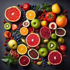 a flatlay of a set of full and sliced fruits, bananas, strawberries, almonds, mangoes, apples and other fruits, healthy and delicious food