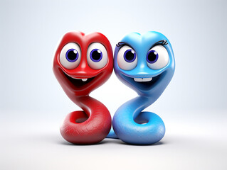 Obraz premium Two 3D Cartoon Snakes in Love on a Solid Background