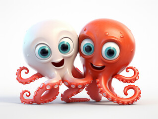 Fototapeta premium Two 3D Cartoon Squids in Love on a Solid Background