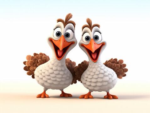 Two 3D Cartoon Turkeys in Love on a Solid Background