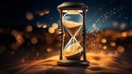 An hourglass glowing softly, symbolising the passing of time  - obrazy, fototapety, plakaty