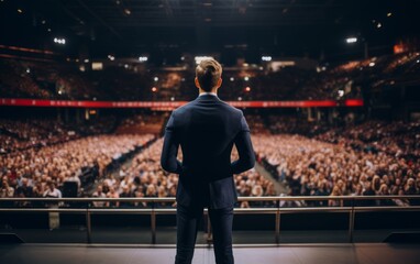 Back view of motivational speaker standing on a stage in front of audience, Generative AI