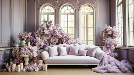 Wedding decor. Luxury interior of the living room with a purple sofa and flowers. 3d render. Generative AI technology.