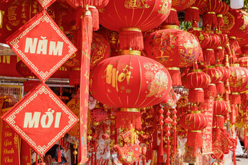 Traditional red lanterns and gifts at Lunar New Year market