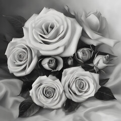 A monochromatic arrangement of black and white roses.