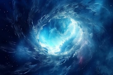 Blue cloud tunnel, fantasy nebula swirl vortex, ethereal dream-like. 3D illustration representing modern spirituality, hypnosis, and psychedelic meditation live stream. Generative AI