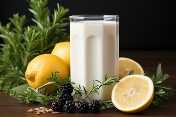 Obraz na płótnie Canvas Glass of milk with lemon, blackberry and rosemary on wooden table