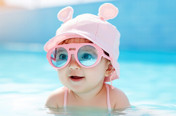 Naklejka premium A beautiful little girl, a cute baby, is sitting in the pool with big pink glasses. A child is having fun during a family vacation at a tropical resort. AI generated