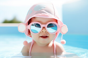 A beautiful little girl, a cute baby, is sitting in the pool with big pink glasses. A child is having fun during a family vacation at a tropical resort. AI generated