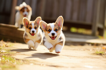 Funny red puppies Welsh corgi-Pembroke runs on the grass against the background of a bright summer landscape and the setting sun. Paws are raised in the air. I look into the camera. AI generated