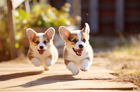 Funny red puppies Welsh corgi-Pembroke runs on the grass against the background of a bright summer landscape and the setting sun. Paws are raised in the air. I look into the camera. AI generated
