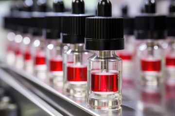 Medical vials on production line at pharmaceutical factory,