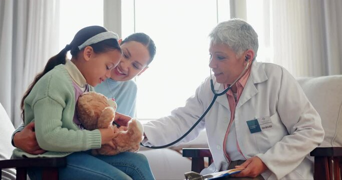 Doctor, child teddy and stethoscope check for cardiology consultation of sick girl at hospital for healthcare. Patient exam, wellness and mature pediatrician with kid and mom consulting at family GP