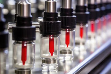 Medical vials on production line at pharmaceutical factory,