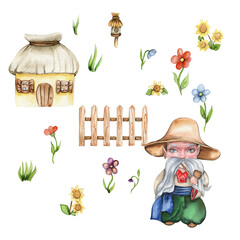 Set of girl and boy gnome in national ukrainian costume ,country houses and flowers. Design for baby shower party, birthday,cake, holiday celebration design, greetings card,invitation.