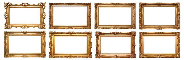 Set of antique golden rectangular picture frames, cut out - obrazy, fototapety, plakaty