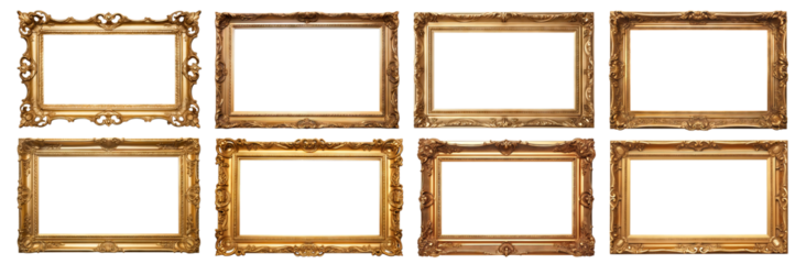 Set of antique golden rectangular picture frames, cut out