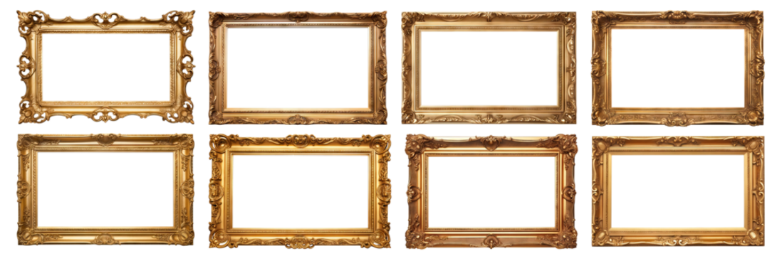 Set of antique golden rectangular picture frames, cut out