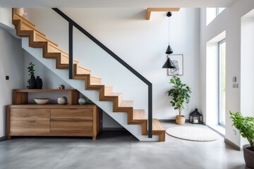 Modern white hallway with wooden staircase.