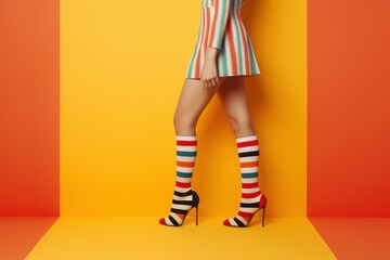 Woman in striped stockings in high hell shoes on color background. Summer fashion female design. Generate Ai
